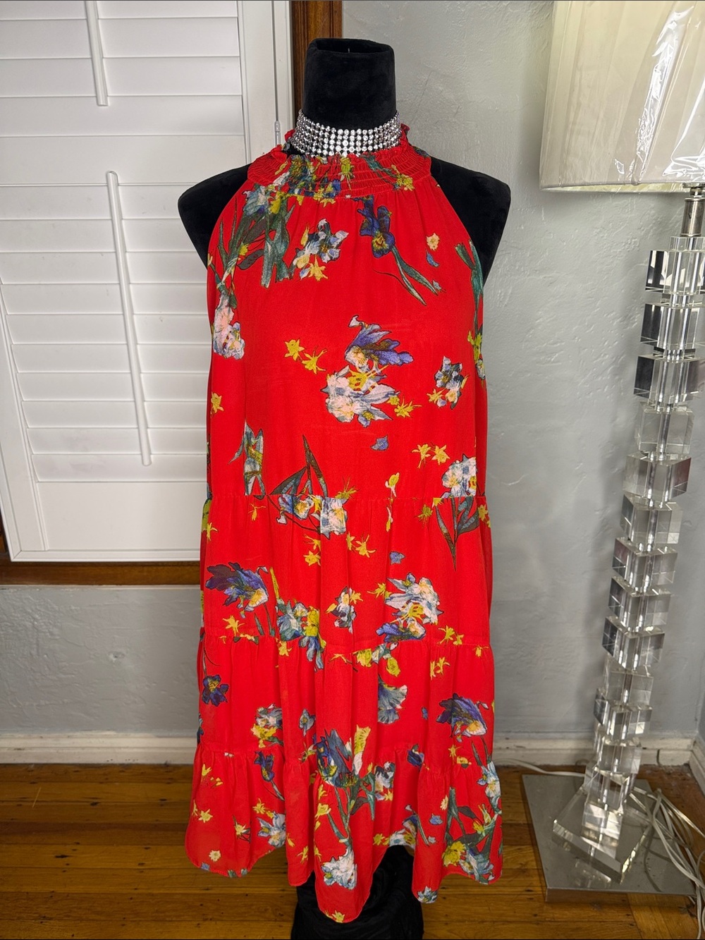 CeCe Red Floral Halter Midi Dress with Beaded Neckline